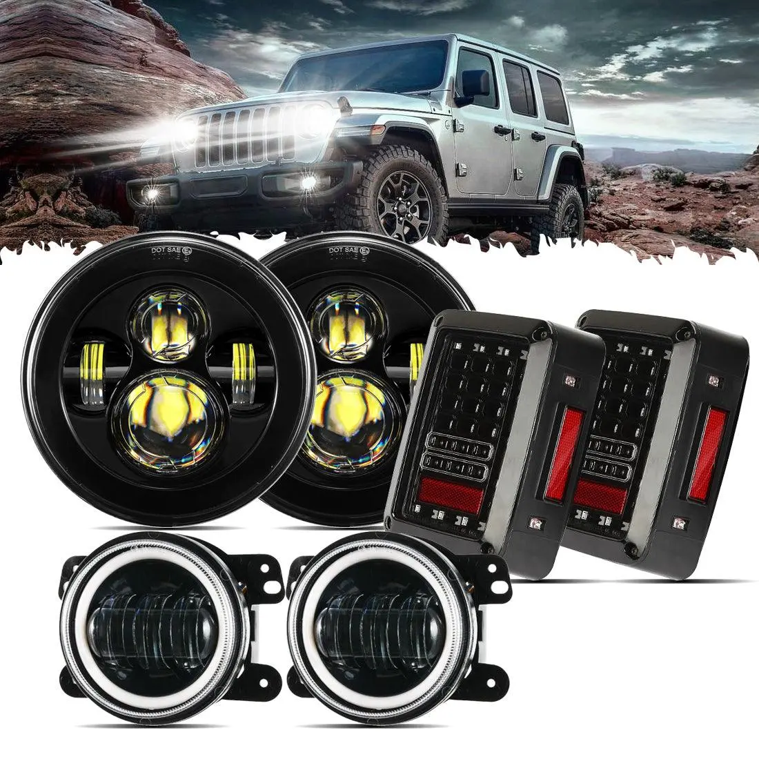 7'' Led Headlight Replacement, 4'' Led Fog Light & Led Smoke Tail Light Brake Reverse Turn Signal Lamp For Jeep Wrangler Jk 1