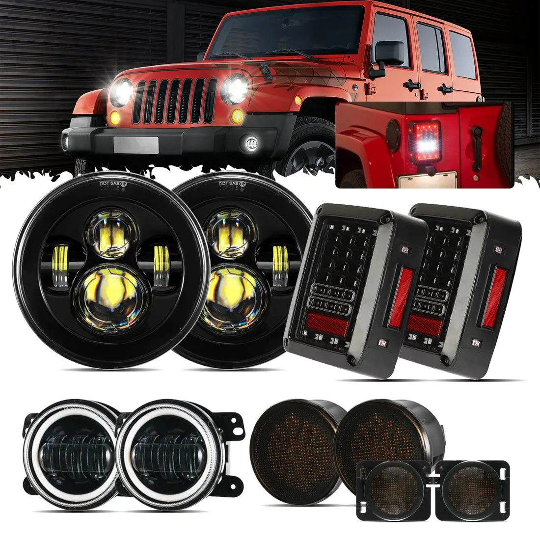 7'' Led Headlight Replacement + 4'' Led Fog Light + Led Smoke Tail Light + Front Turn Signal & Fender Flares Side Marker Light For Jeep Wrangler Jk 1