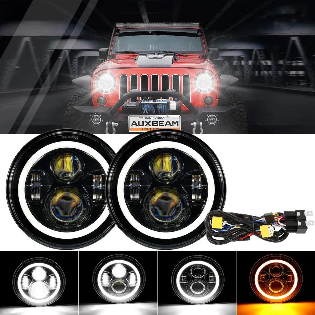7 Inch Led Headlight Replacement With Halo Ring+ H4 Led Headlight Brightness Intensifier Wiring Harness For Jeep Wrangler Jk Tj Lj 1
