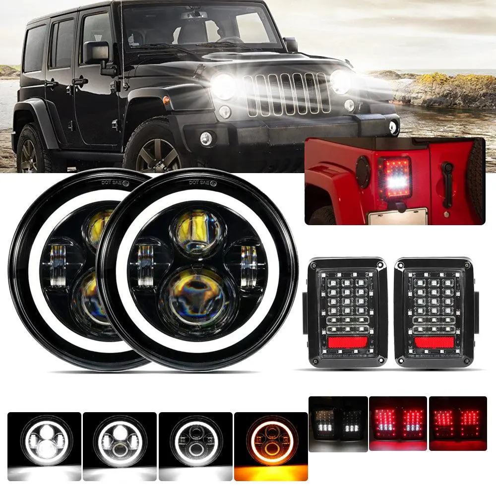 7'' Led Headlight Replacement With Halo Ring & Led Smoke Tail Light Brake Reverse Turn Signal Lamp For Jeep Wrangler Jk 1