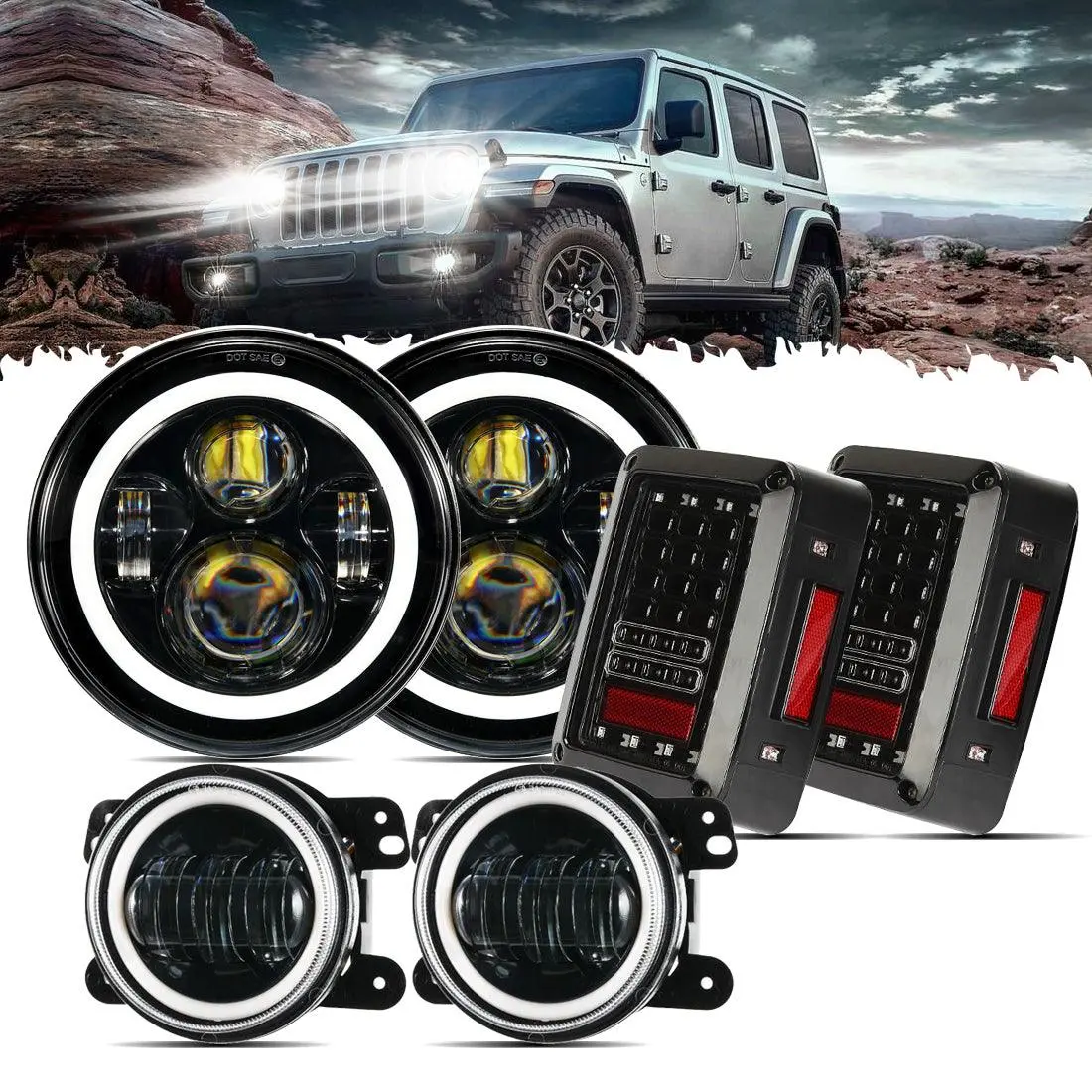 7'' Led Headlight Replacement With Halo Ring, 4'' Led Fog Light & Led Smoke Tail Light Brake Reverse Turn Signal Lamp For Jeep Wrangler Jk 1