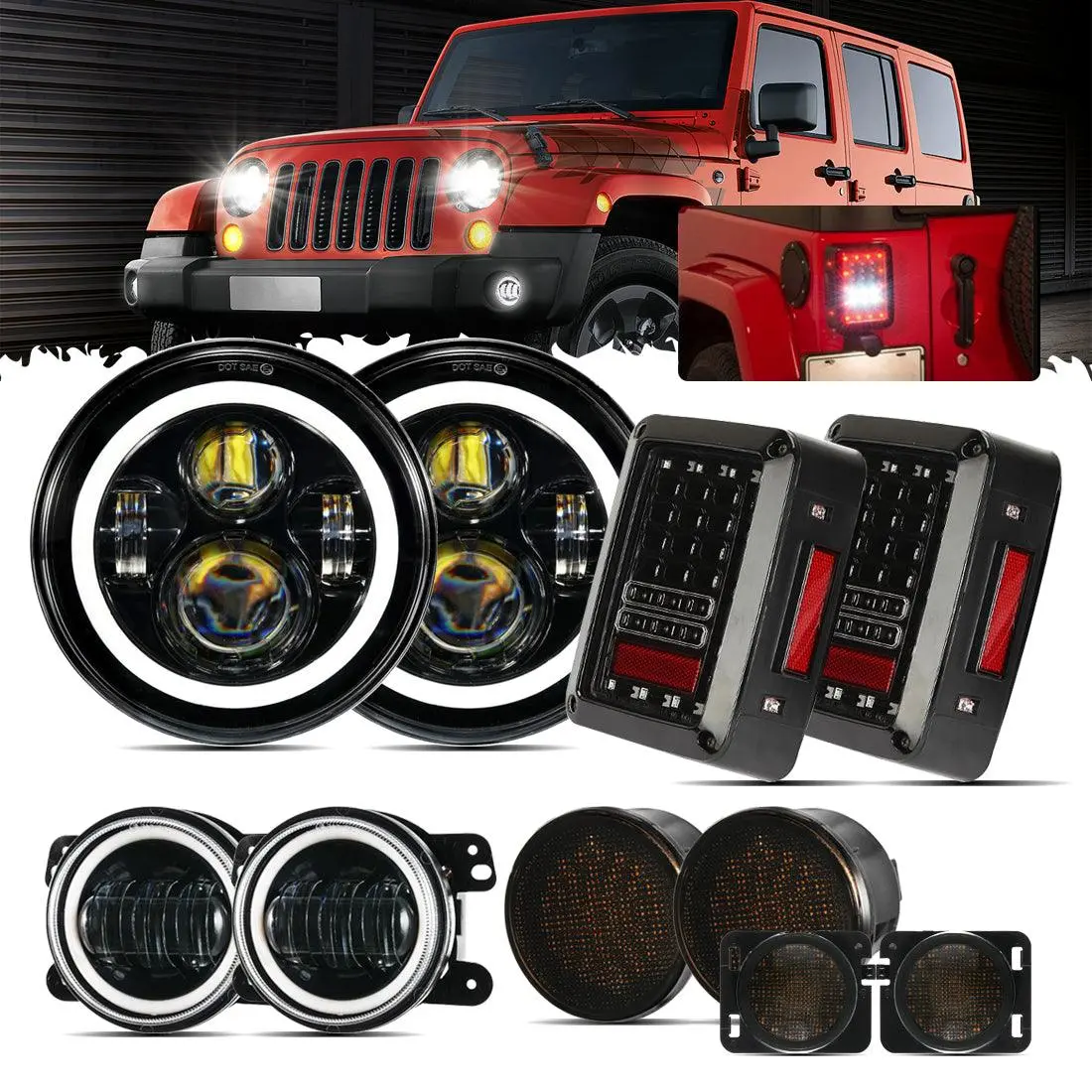 7'' Led Headlight Replacement With Halo Ring + 4'' Led Fog Light + Led Smoke Tail Light + Front Turn Signal & Fender Flares Side Marker Light For Jeep Wrangler Jk 1