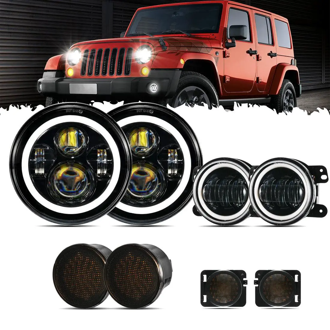 7" Led Headlight Replacement With Halo Ring + 4" Led Fog Light + Front Turn Signal & Fender Flares Side Marker Light For Jeep Wrangler Jk 1