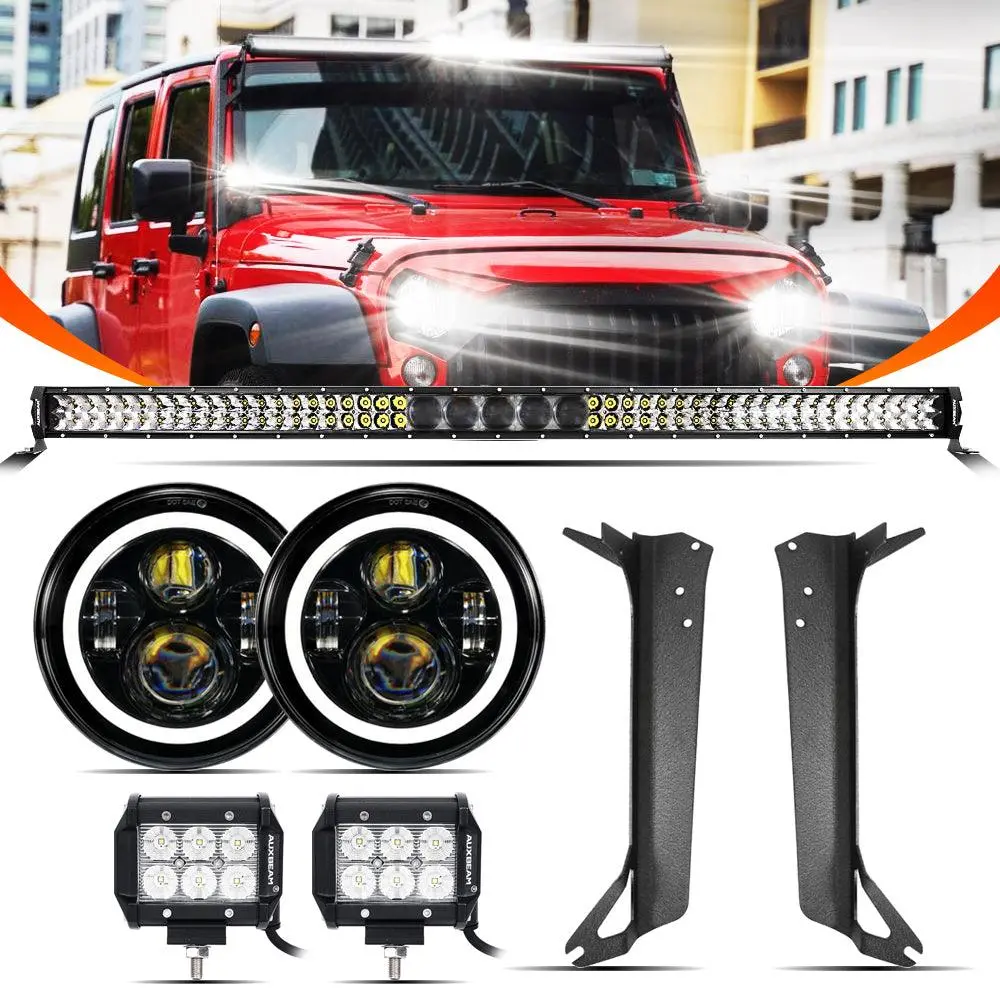 7" Led Halo Headlights + 5D-Pro 52" Straight Led Light Bar + Windshield Mounting Brackets + 18W Flood Beam Pod Lights Set For Jeep Wrangler Tj 1