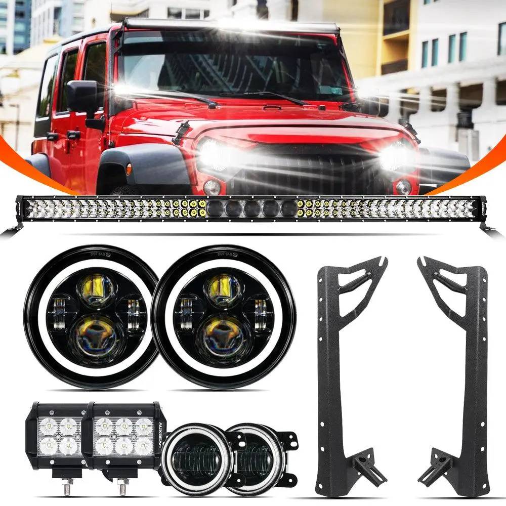 7" Led Halo Headlights + 4" Inch Led Fog Lights With Drl + 5D-Pro 52" Straight Led Light Bar + Windshield Mounting Brackets + 18W Flood Beam Pod Lights Set For For Jeep Wrangler Jk 1