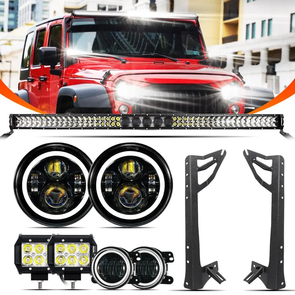 7" Led Halo Headlights + 4" Inch Led Fog Lights With Drl + 5D-Pro 52" Straight Led Light Bar + Windshield Mounting Brackets + 18W Spot Beam Pod Lights Set For For Jeep Wrangler Jk 1
