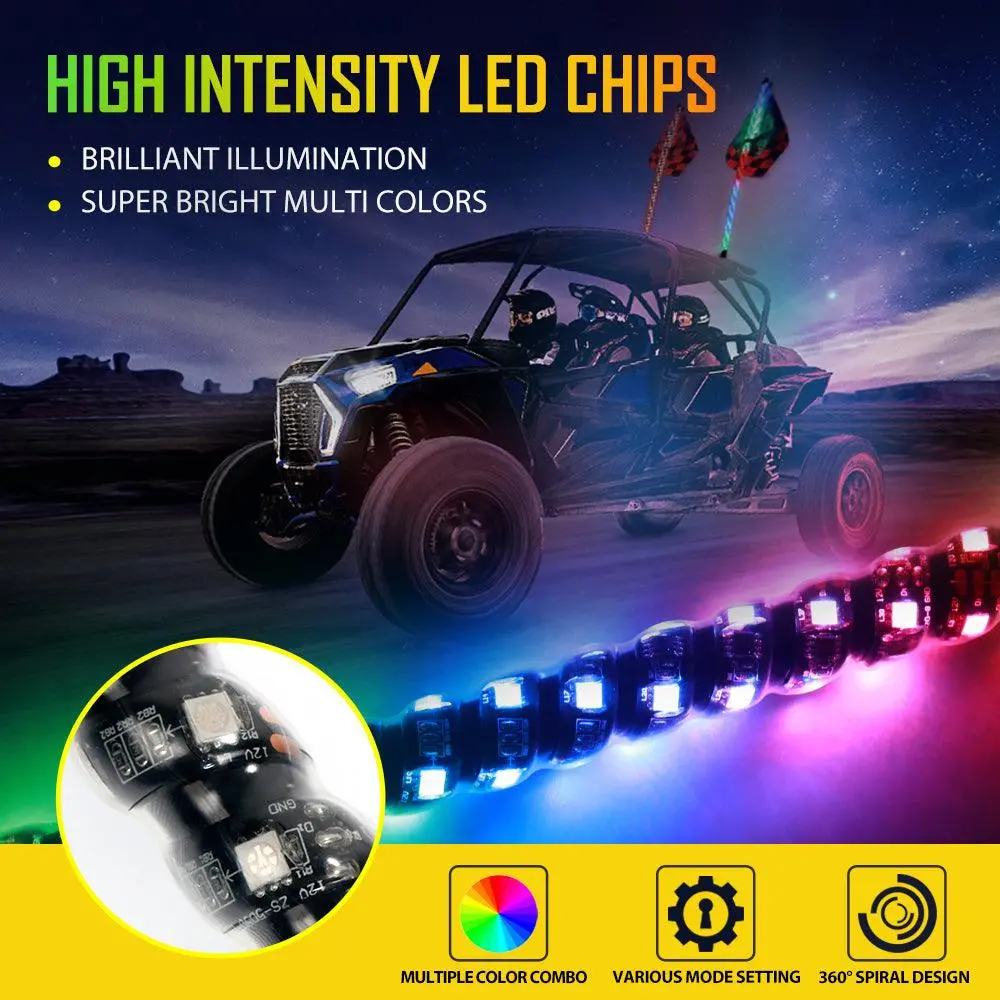 3Ft/4Ft Led Rgb Whip Lights With Bluetooth/ Remote Controlled & Red Universal Flagpole Light Mount For All Utvs With 1.75" To 2" Roll Cage 2