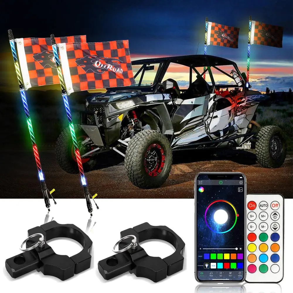3Ft/4Ft Led Rgb Whip Lights With Bluetooth/ Remote Controlled + Whip Light Mounting Brackets For Utv, Atv, Off-Road Vehicle 1