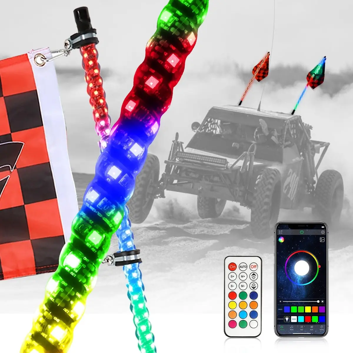 (2Pcs/Set) 3Ft/4Ft Led Rgb Whip Lights With Turn Signal & Brake Light, Bluetooth App/ Remote Control 1