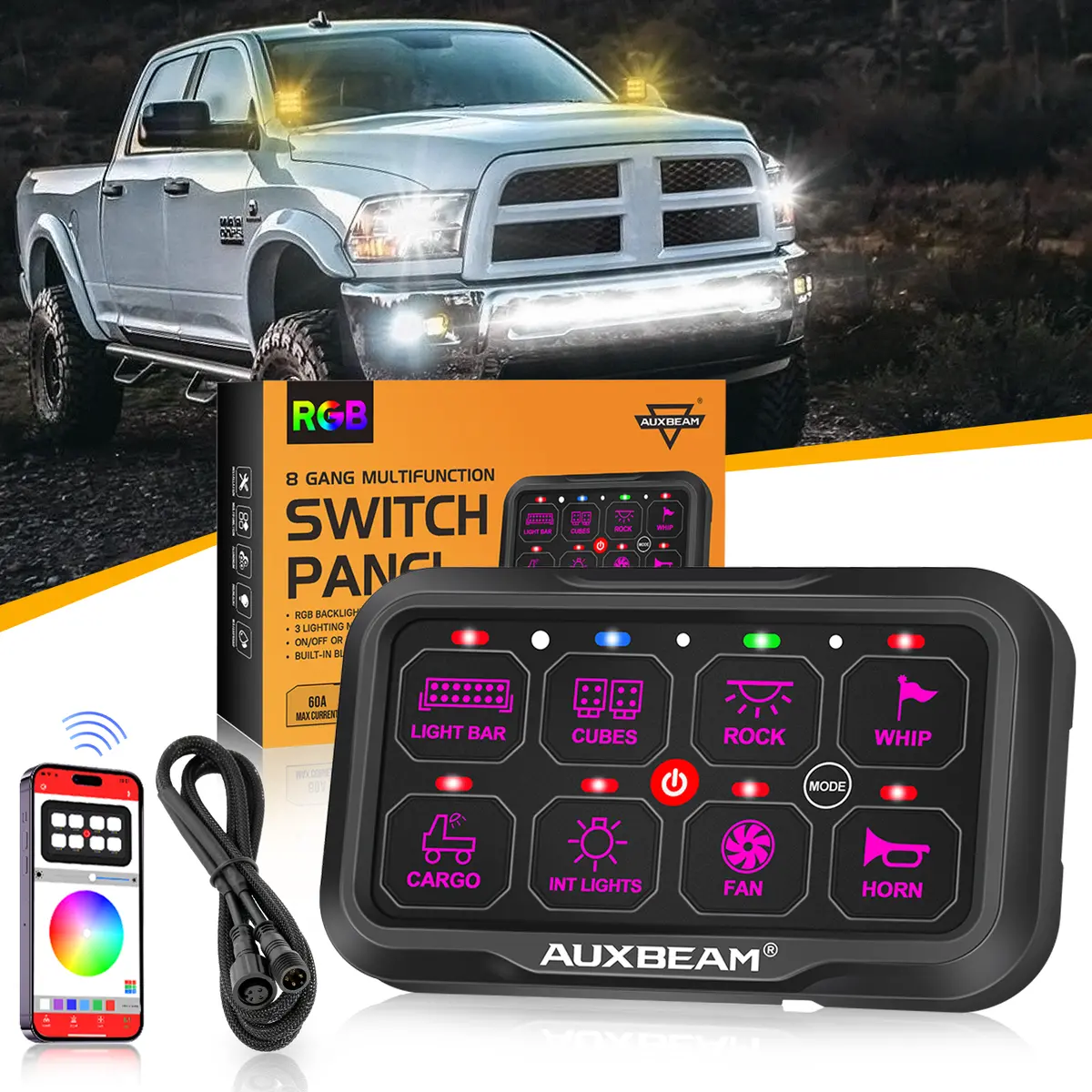 Ar-800 Multifunction Rgb Switch Panel With Bluetooth Controlled & 47 Inch Extension Cable(Optional) For Dodge Ram 1