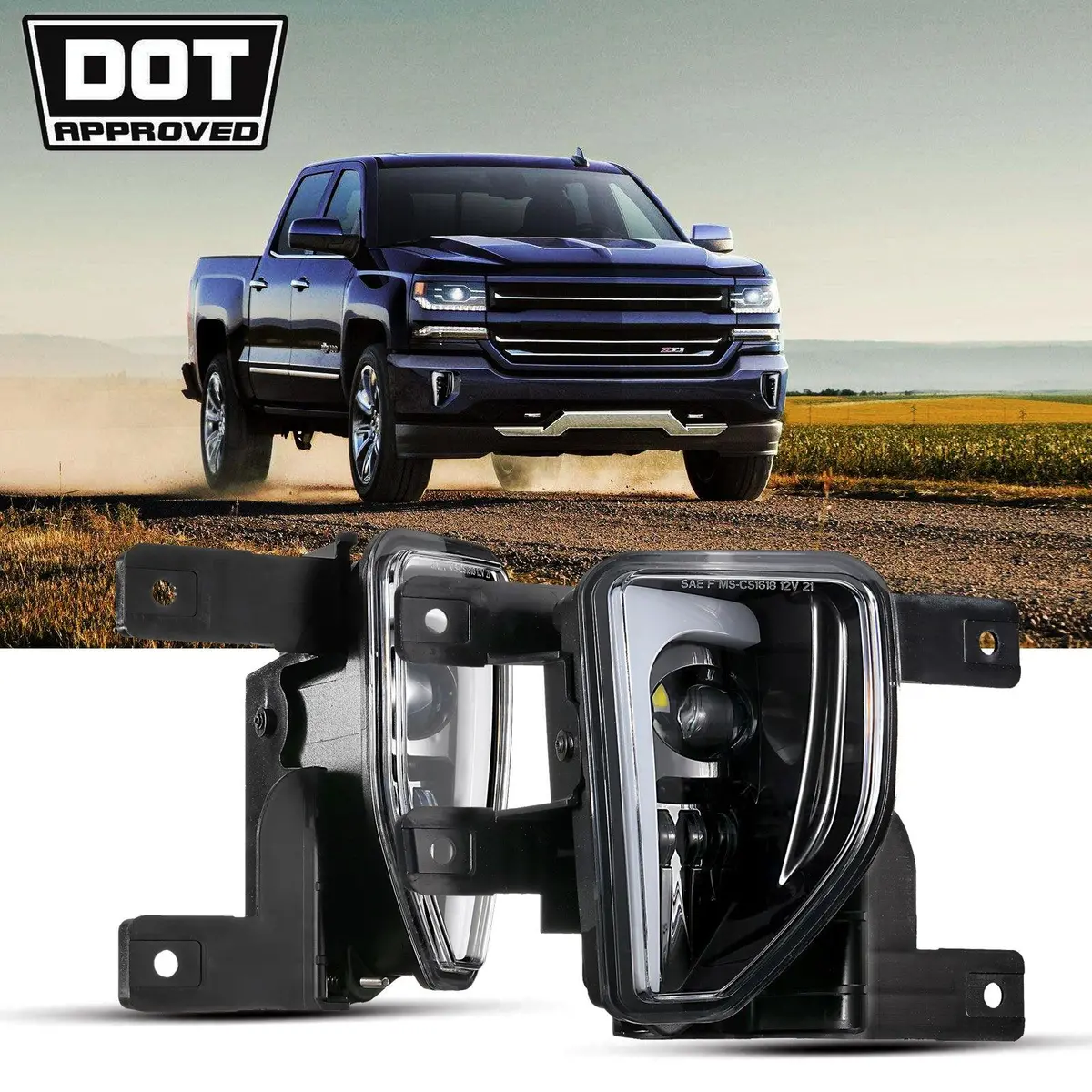 (2Pcs/Set) 45W Dot Approved Led Fog Lights With Drl For 2016-2018 Chevy Silverado 1500 (Black) 1