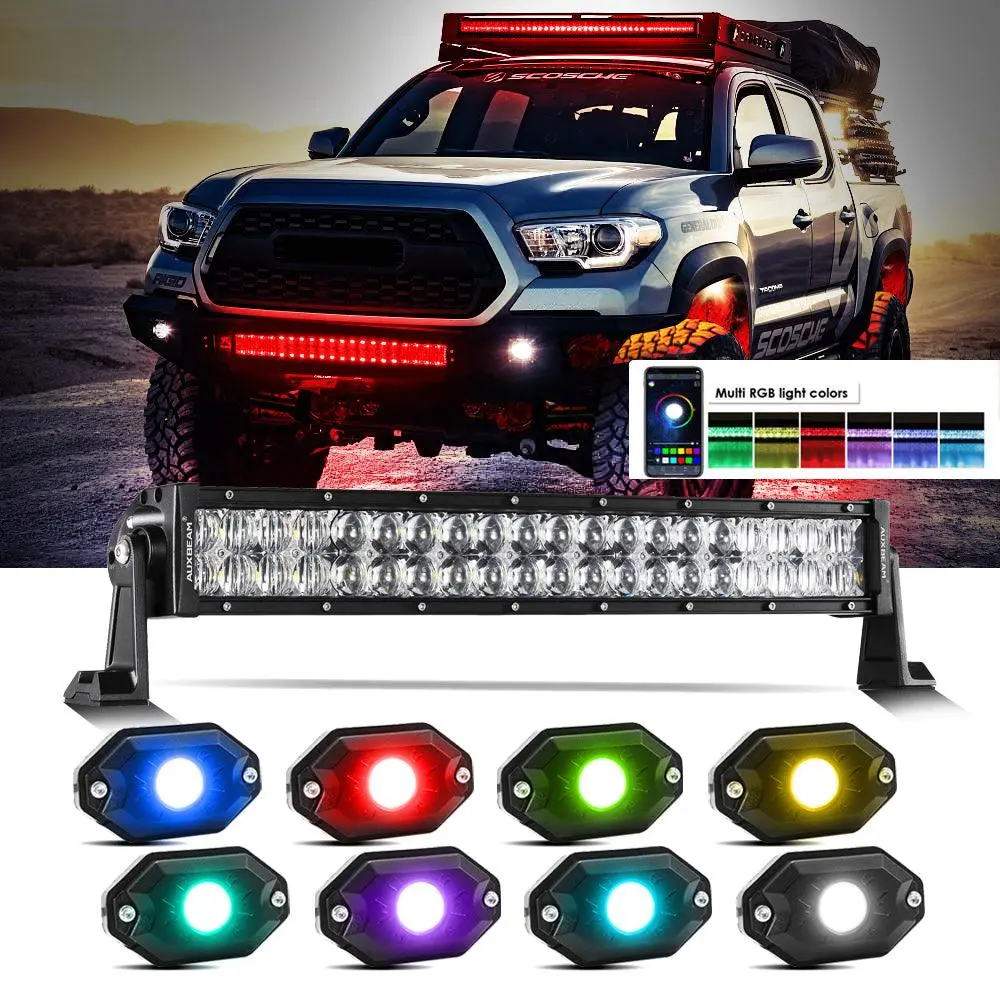 New 22 Inch V-Pro Series Straight Rgbw Color Changing Off Road Led Light Bar & Rgb Led Rock Light Set Combo 1