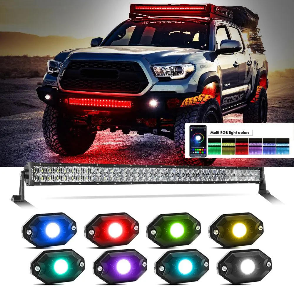 New 42 Inch V-Pro Series Straight Rgbw Color Changing Off Road Led Light Bar & Rgb Led Rock Light Set Combo 1