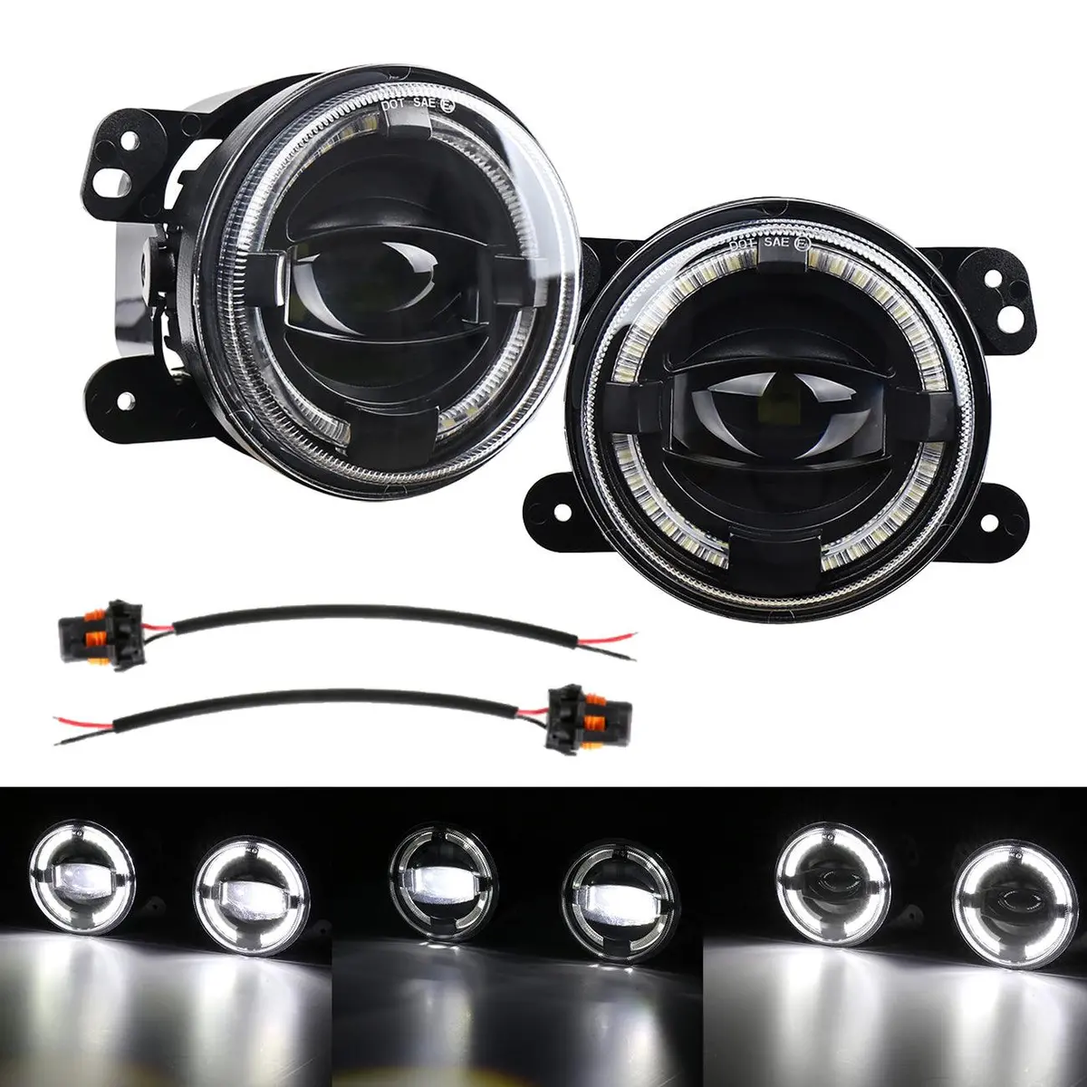 (2Pcs/Set) 4" 60W Led Fog Lights With White Halo Ring Drl For Jeep Wrangler Jk/ Jeep Grand Cherokee/ Dodge 1