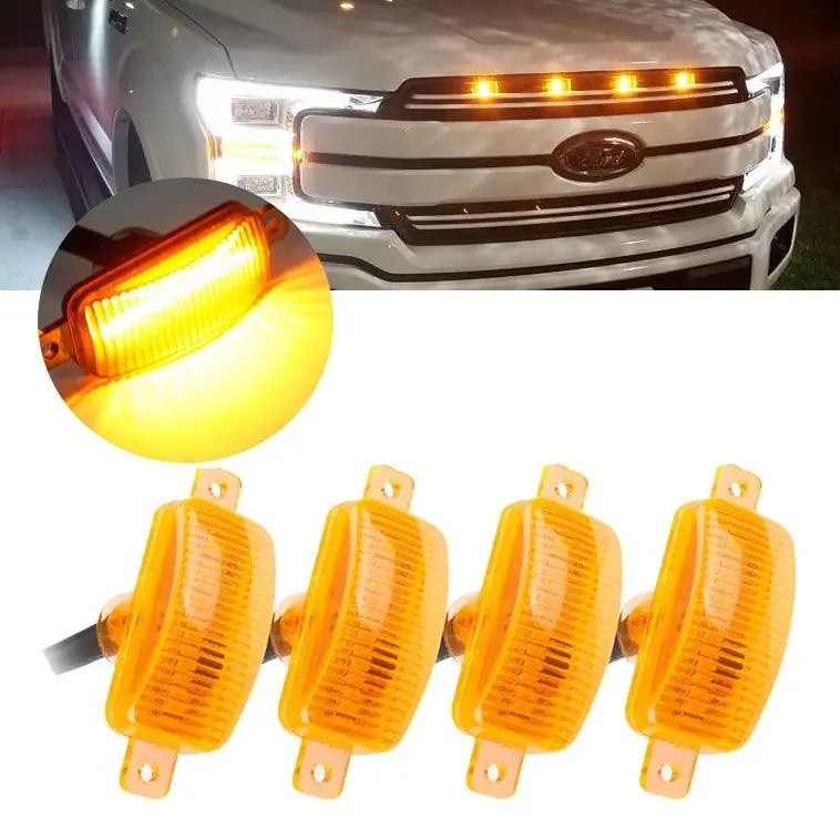 (4Pcs/Set) Led Front Hood Grille Lights Raptor Style Amber Light Fit For Pickup Truck Off-Road Suv (Amber Shell/ Smoked Shell) 1