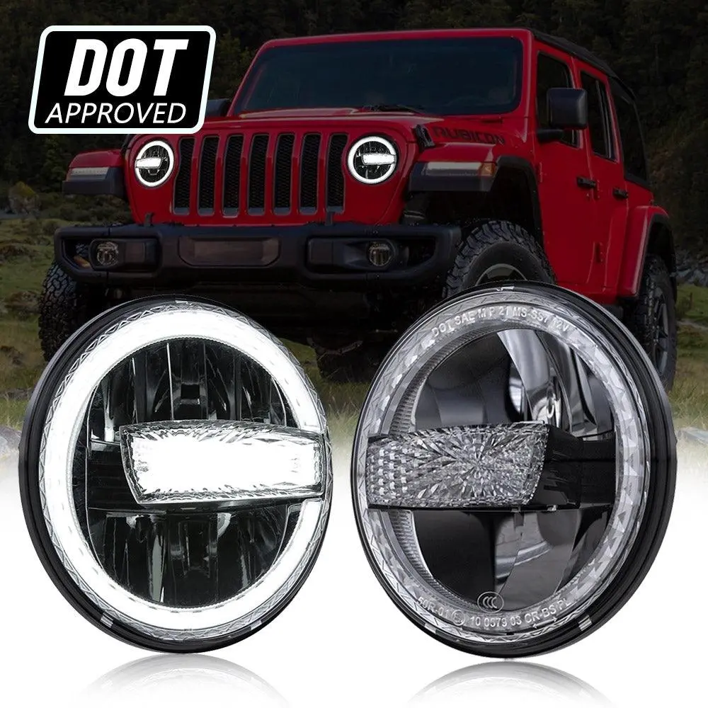 (2Pcs/Set) 7 Inch 90W Dot Approved Led Headlights With Halo Ring Drl & High Low Beam For Jeep Wrangler Jk Tj Lj Cj 1