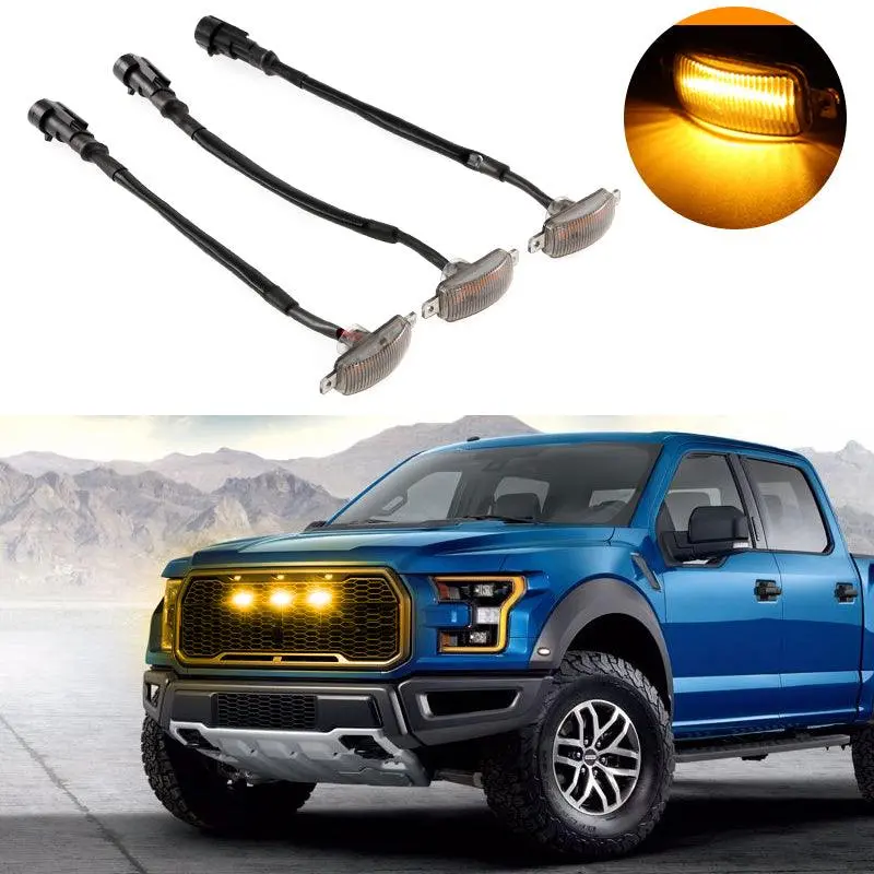 (3Pcs/Set)  Led Front Grille Lights Raptor Style Amber Light Fit For Ford F150 F250 F350 (Amber Shell/ Smoked Shell） 1
