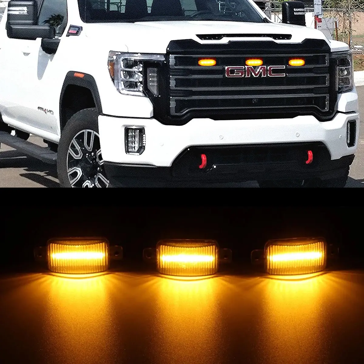 (3Pcs/Set)  Led Front Grille Lights Raptor Style Amber Light Fit For Gmc Sierra 2500 Hd 2016-2021 (Amber Shell/ Smoked Shell） 1