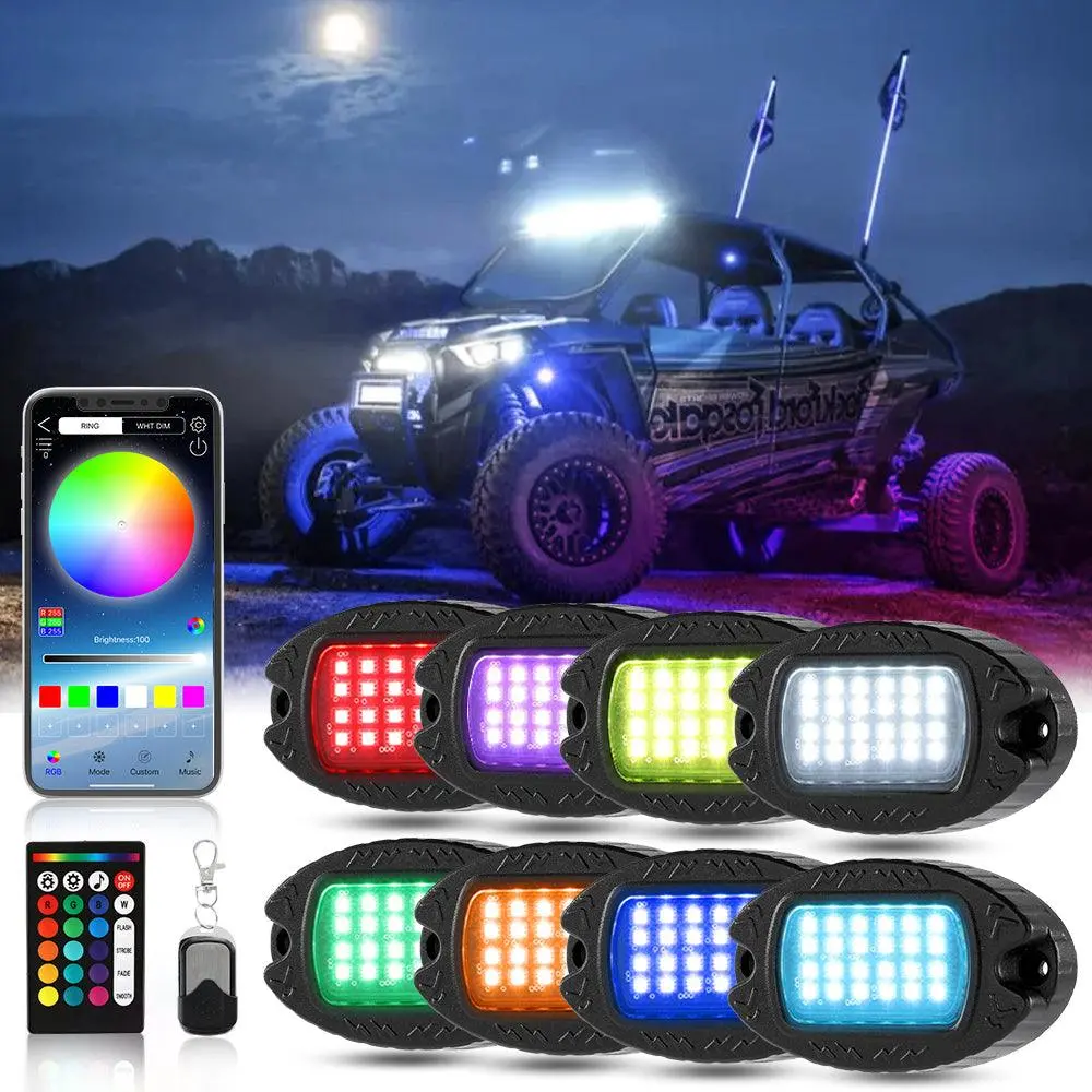 Rgbw Led Rock Lights Kit With Bluetooth App & Wireless Remote Control, Multicolor Neon Underglow Lights With Brake Light Function For Atv Utv 1