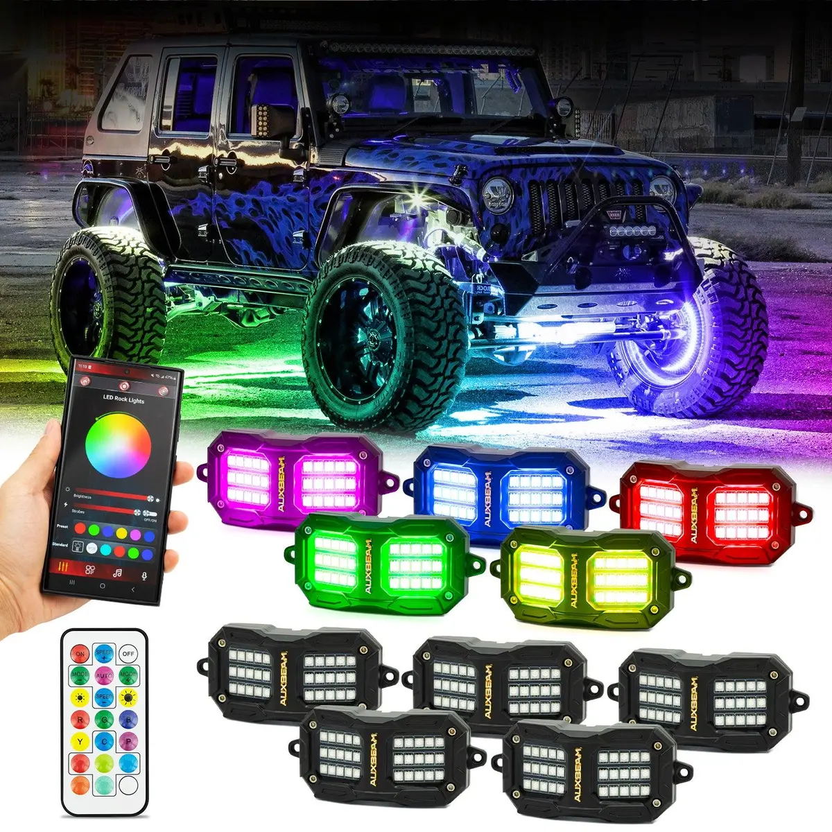 New Vibrant Series | 10Pcs Rgb Led Rock Lights Kit Multicolor Neon Underglow Lights With Bluetooth App & Remote Control 1