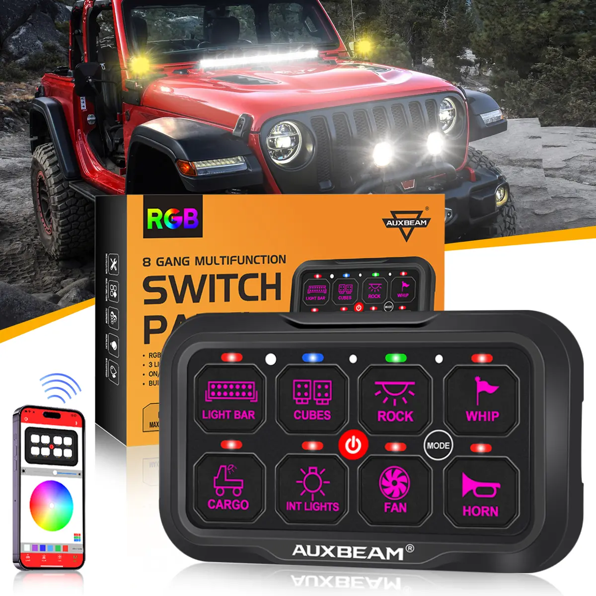 Ar-800 Multifunction Rgb Switch Panel With Bluetooth Controlled & 47 Inch Extension Cable(Optional) For Jeep 2
