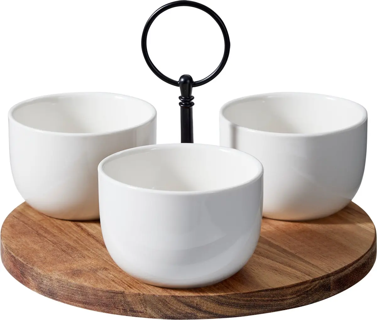Cookinglife Serveerset / Tapasset 4-Delig - Acacia Hout Ø 19 Cm - Met Porseleinen Schaaltjes 1