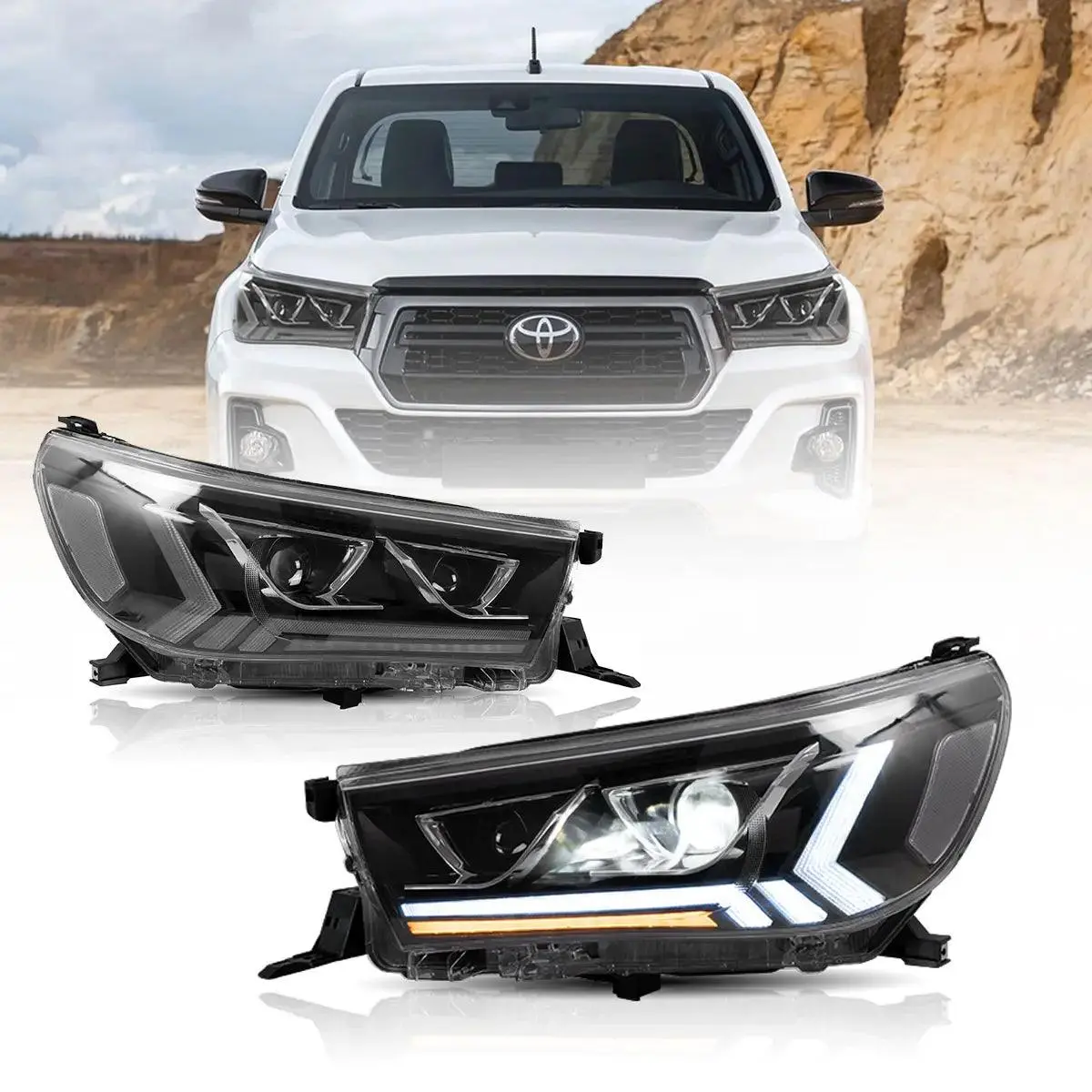 Led Headlight Assembly 2Nd Dual Beam Projector Black For 2015-2020 Toyota Hilux Sr5 8Th Gens (Gun125, Gun126r) Pre-Facelift 1