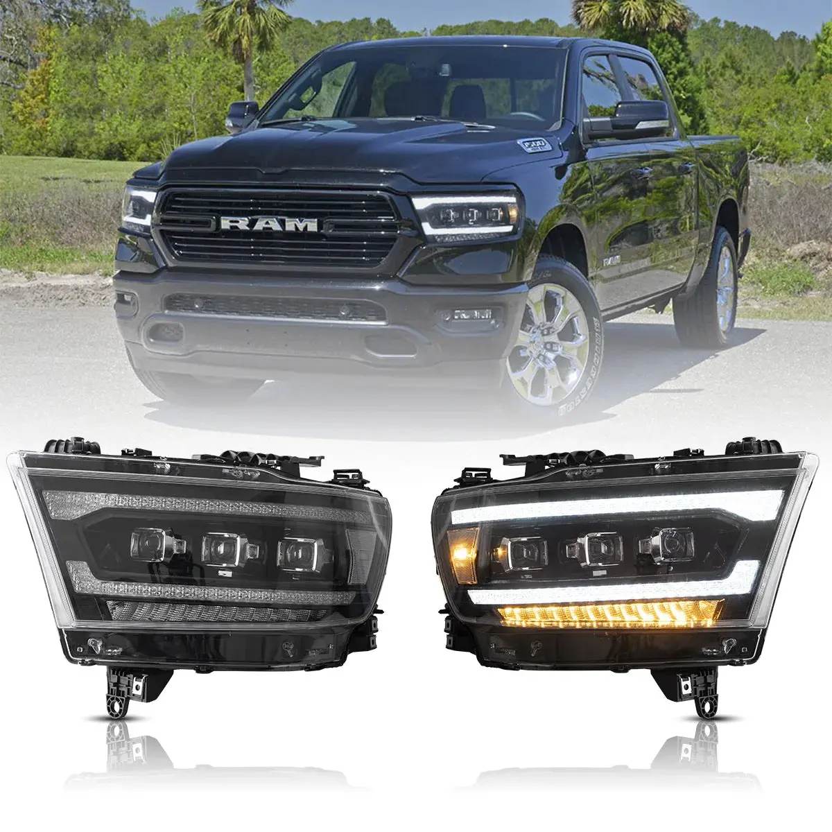Led Matrix Projector Headlights Assembly Black For 2019-2024 Dodge Ram 1500 5Th Gen (Dt) 1