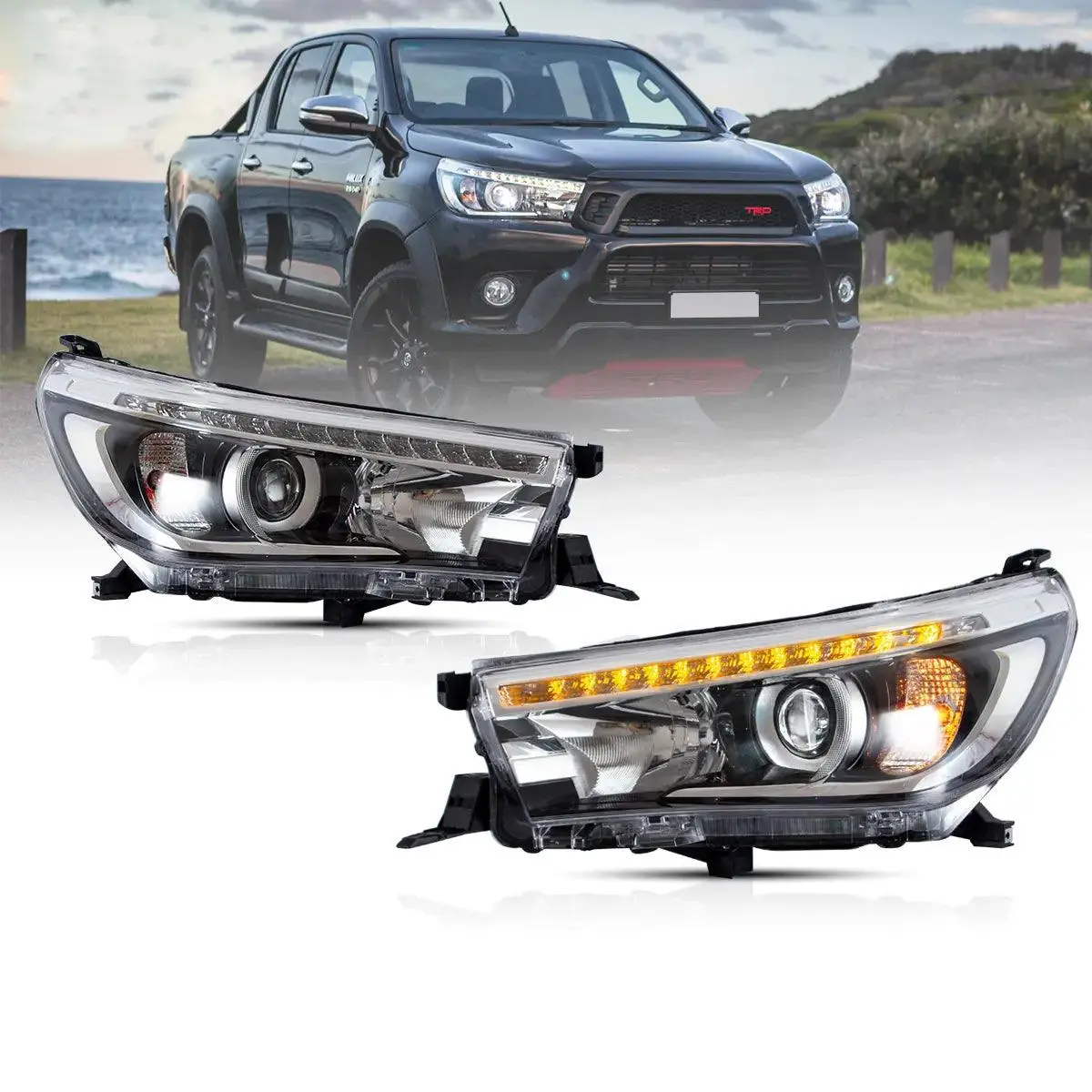 Led Headlight Assembly Dual Beam Projector Black For 2015-2020 Toyota Hilux Sr5 8Th Gens (Gun125, Gun126r) Pre-Facelift 1