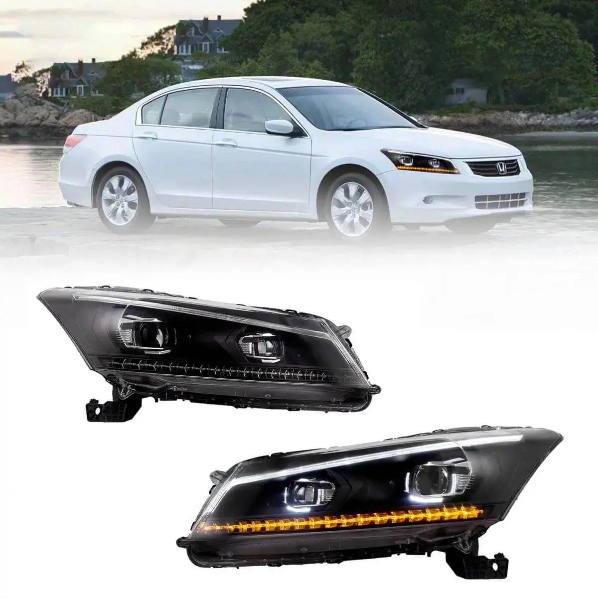Led Headlight Assembly Projector Black For 2008-2012 Honda Accord 8Th Gen Inspire Us Type 1
