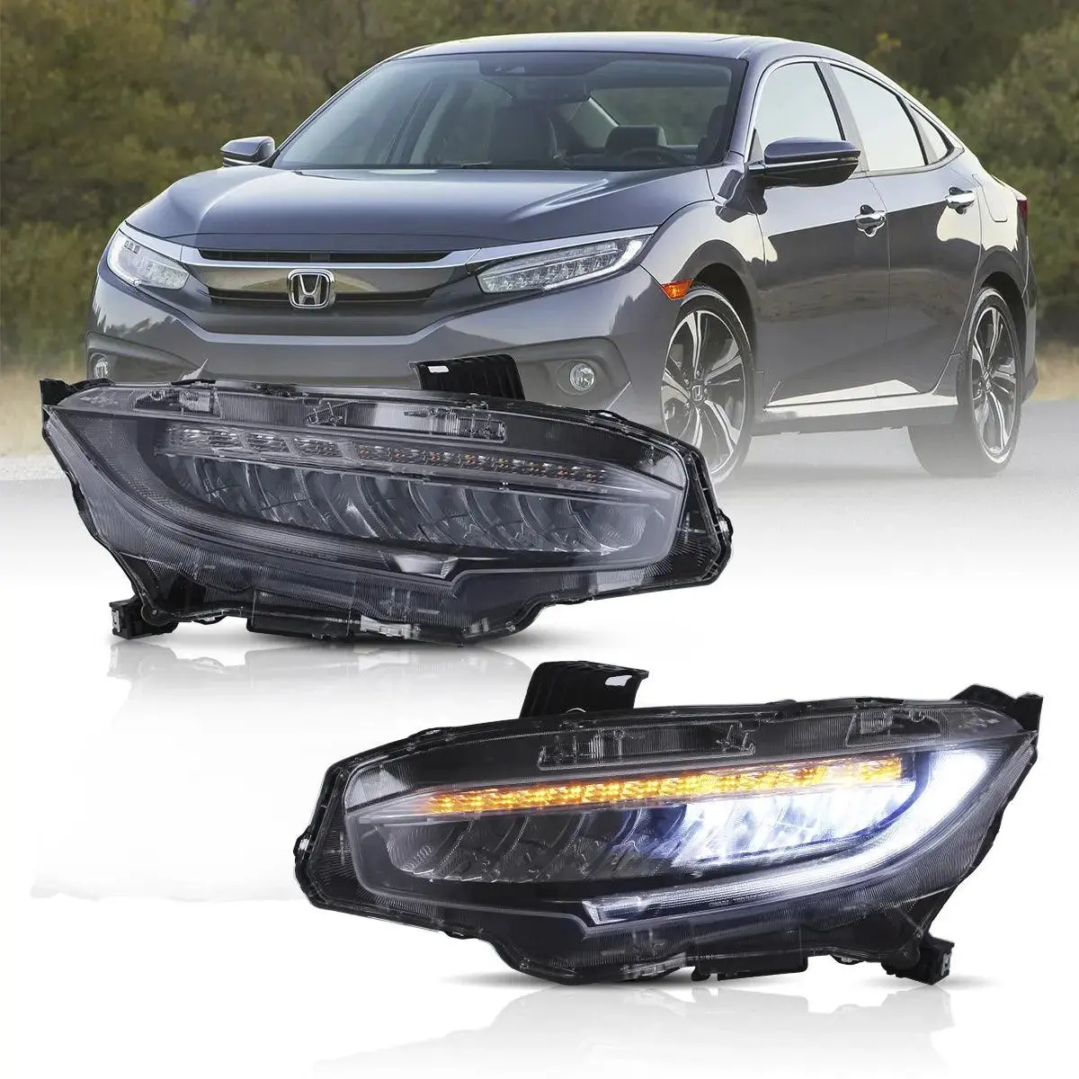 Led Headlight Assembly Reflection Bowl Chrome For 2016-2021 Honda Civic 10Th Gen (Fc/Fk) 1
