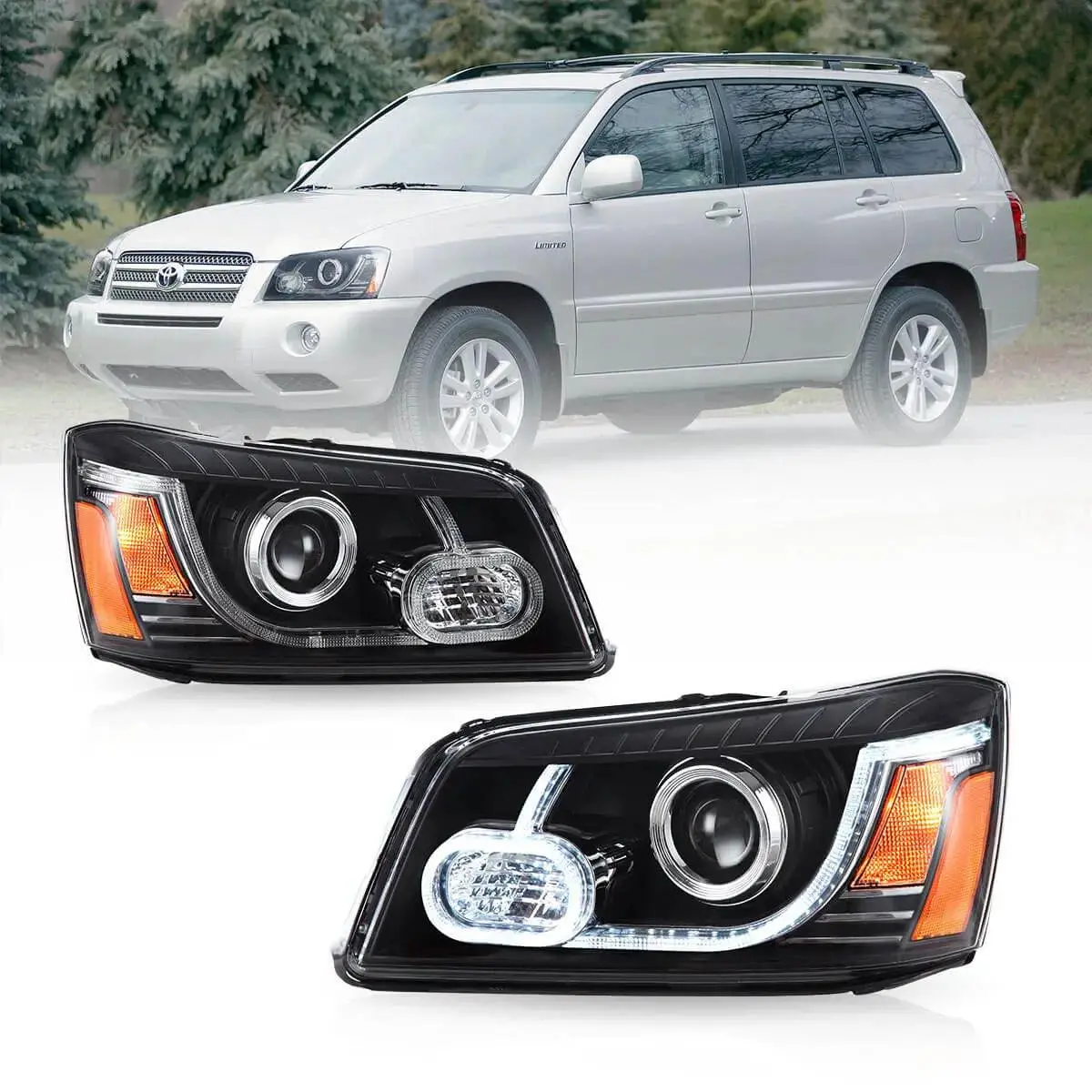 Led Headlight Assembly Dual Beam Projector Black For 2004-2007 Toyota Highlander 1Th Gen (Xu20) Facelift 1