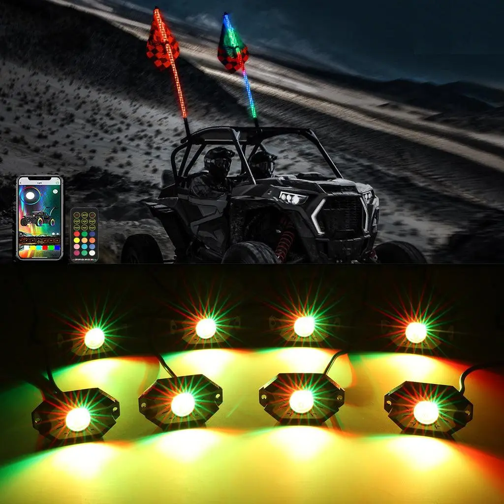 2Pcs 4Ft Rgb Led Whip Lights With Turn Signal & Brake Light + Rgb Led Rock Lights Set With Bluetooth Controlled 1