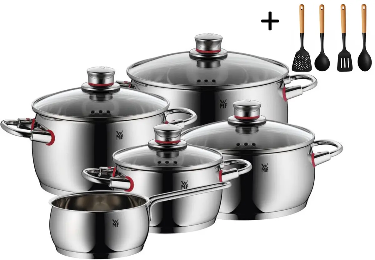 Wmf Pannenset Quality One - Rvs 5-Delig Inclusief Gratis Cookinglife Kookgerei Set - Kookpan Ø 16, 20, 20 En 24 Cm En Steelpan Ø 16 Cm 1