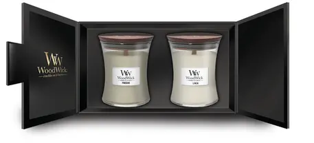 Woodwick Giftset Geurkaars Medium Fireside & Linen - 2 Stuks - Geurkaars In Glas - Houten Lont 1