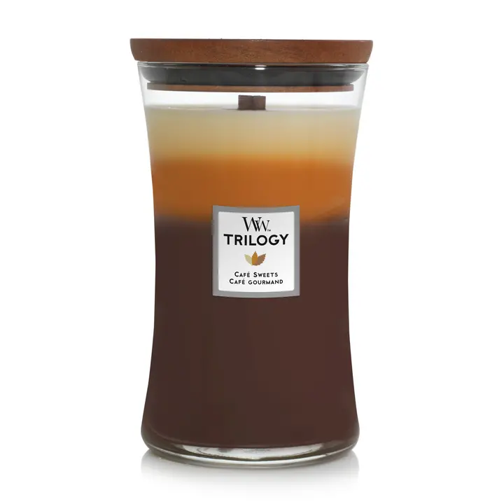 Woodwick Geurkaars Large Trilogy Café Sweets - 18 Cm / Ø 10 Cm - Geurkaars In Glas - Houten Lont 1