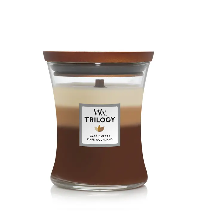 Woodwick Geurkaars Medium Trilogy Café Sweets - 11 Cm / Ø 10 Cm - Geurkaars In Glas - Houten Lont 1