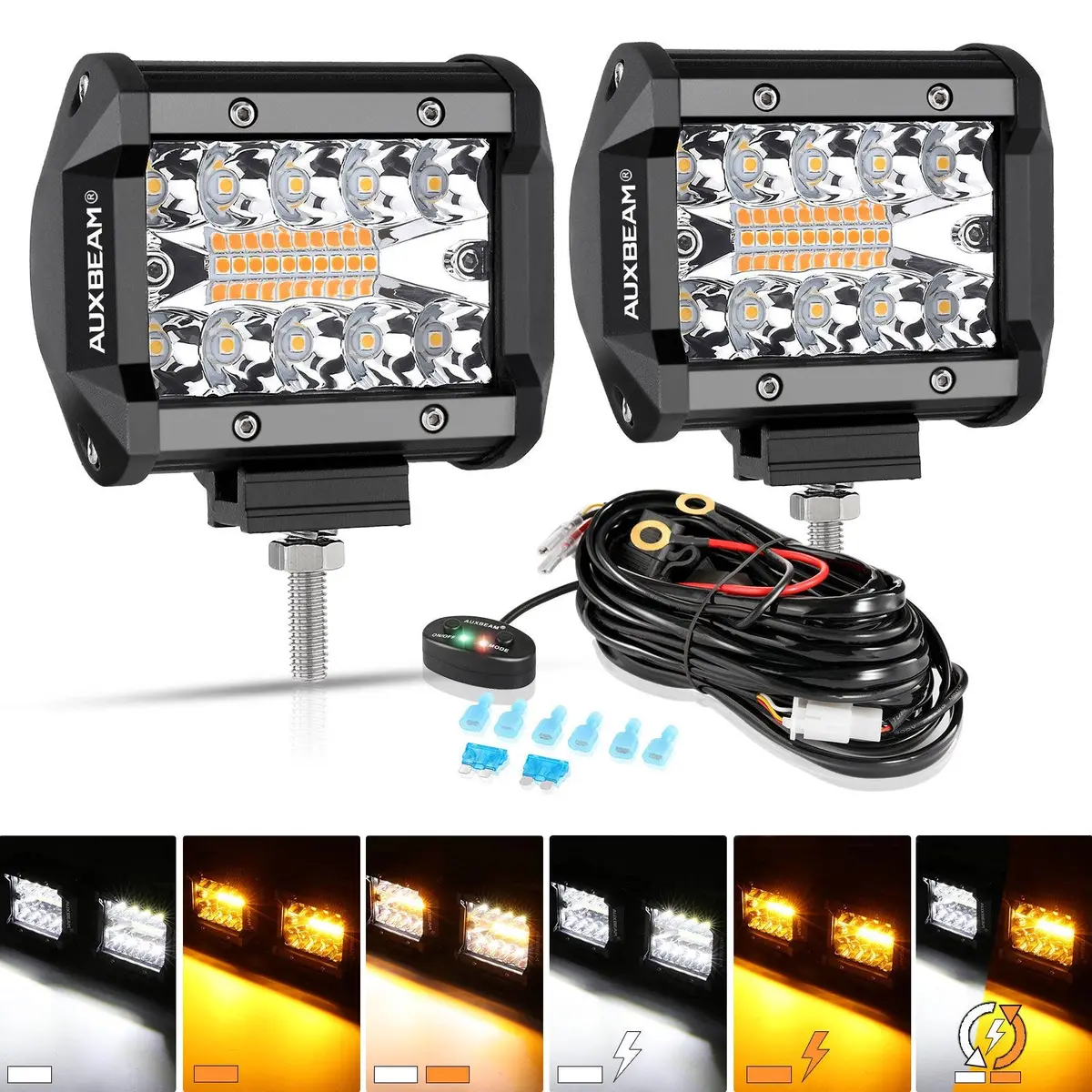 (2Pcs/Set) 4 Inch 6 Modes White&Amber Led Working Light Led Pods With Wiring Harness For Suv Atv Utv Trucks Pickup Boat 1