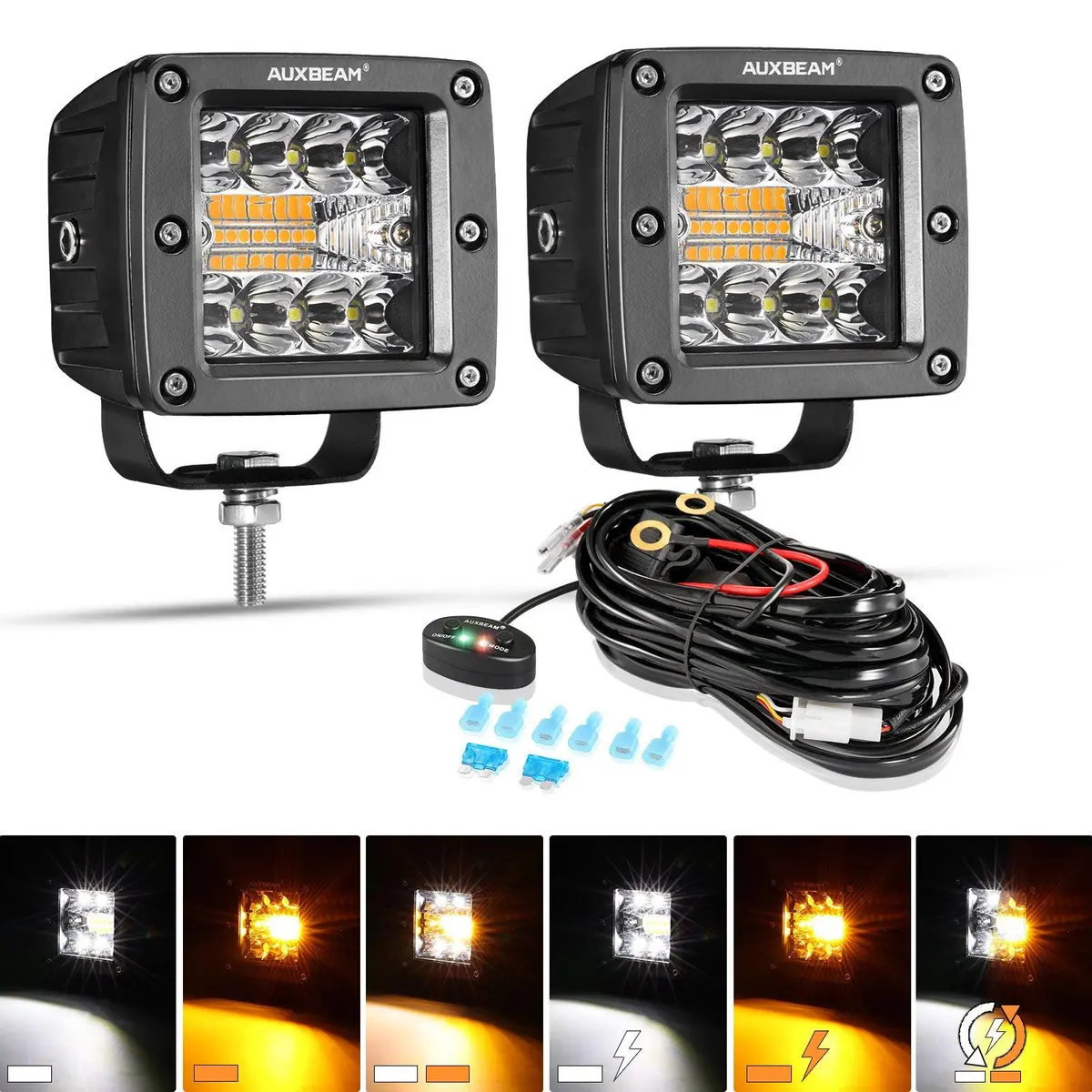 (2Pcs/Set) 3 Inch 6 Modes White&Amber Led Square Light Pod Working Lights With Wiring Harness For Suv Atv Utv Trucks Pickup Boat 2