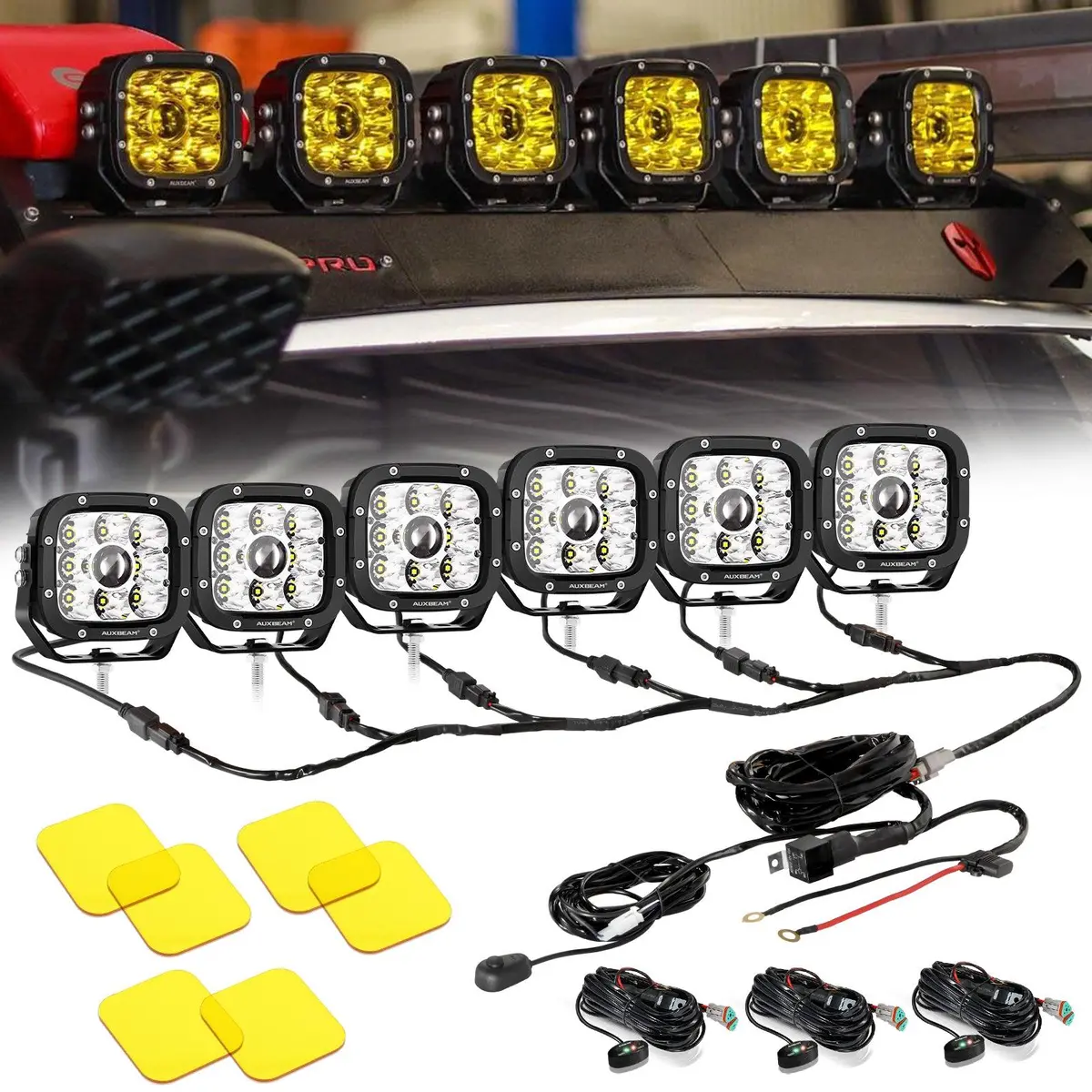 6Pcs 5 Inch 110W White/Amber Led Pods Lights With Power Harness 1