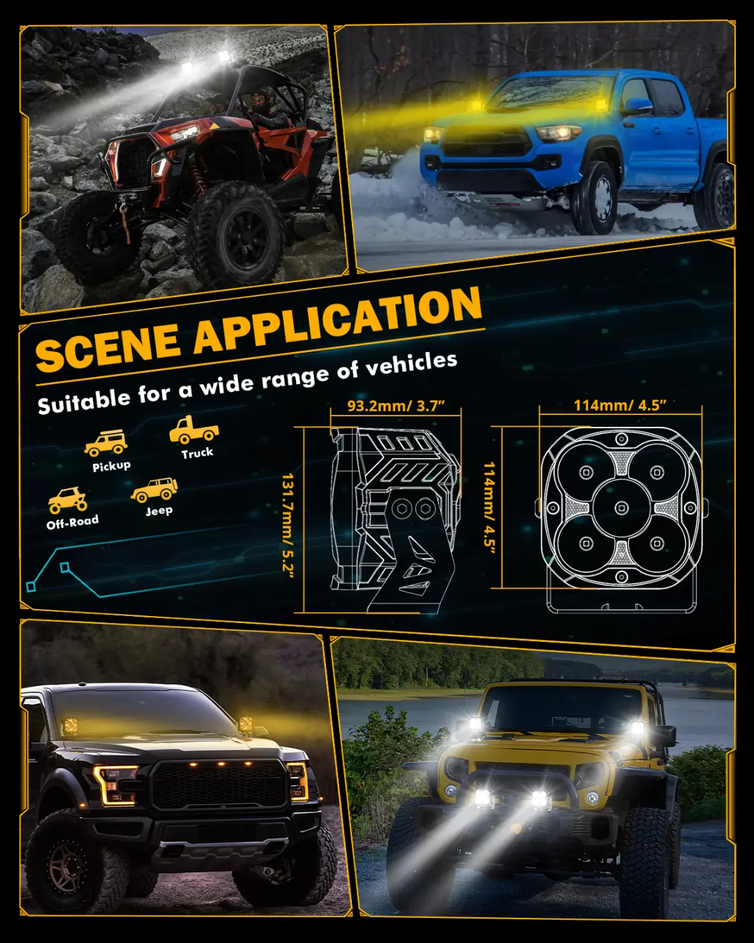 Xp-Ultra Series 4.5 Inch 128W 15200Lm Spot Beam Led Pod Lights Off Road Lights With Amber Drl 6