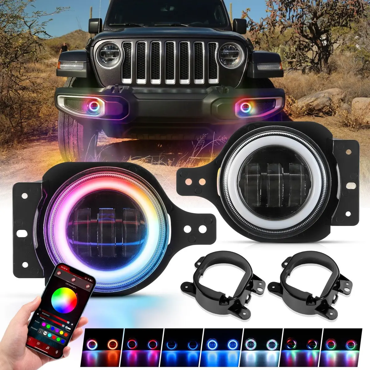 Upgraded 4 Inch Led Fog Lights With Rgb Halo Ring & Turn Signal Light, Bluetooth Control For Jeep Wrangler Jk/Jl 2018-2024 1