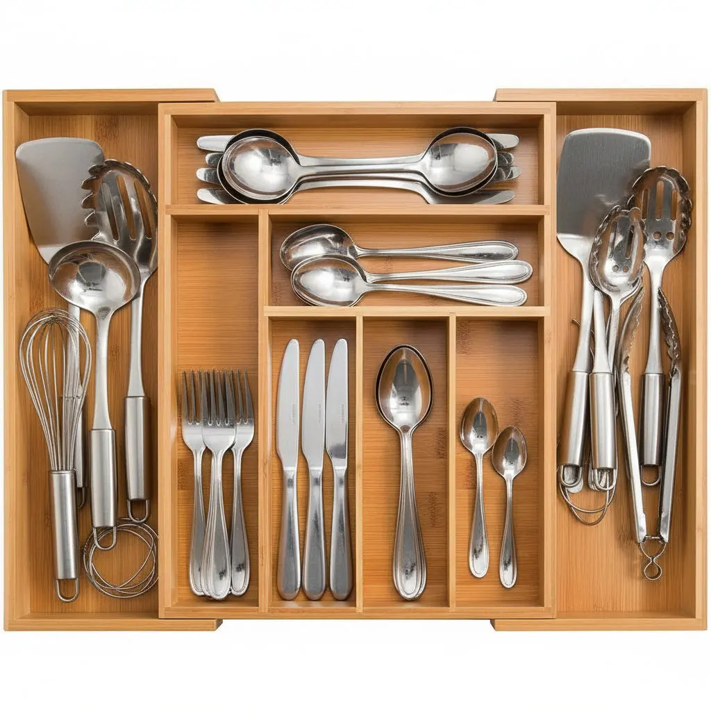 Cookinglife Bestekbak - Bamboe - Uitschuifbaar - 28X34x5cm Of 45X34x5cm 1