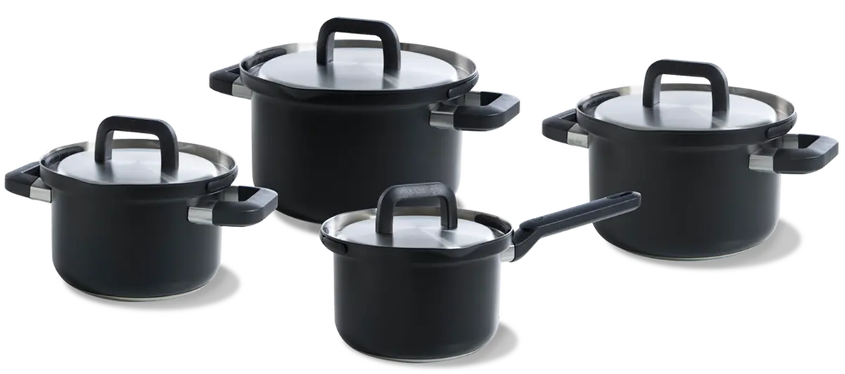 Bk Pannenset Flow Cool Zwart 4-Delig - Rvs - Kookpan Ø 16, 18, 20 Cm & Steelpan Ø 16 Cm 1