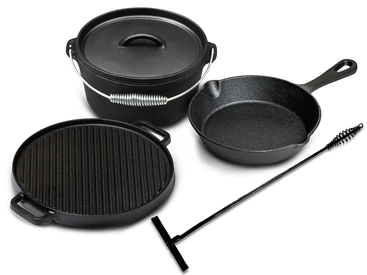 Blackwell Dutch Oven Bbq Gietijzer Set 4-Delig - Braadpan + Lifter, Koekenpan Ø 20 Cm & Grillplaat Ø 30 Cm - Geschikt Voor Alle Warmtebronnen - Zonder Anti-Aanbaklaag 1
