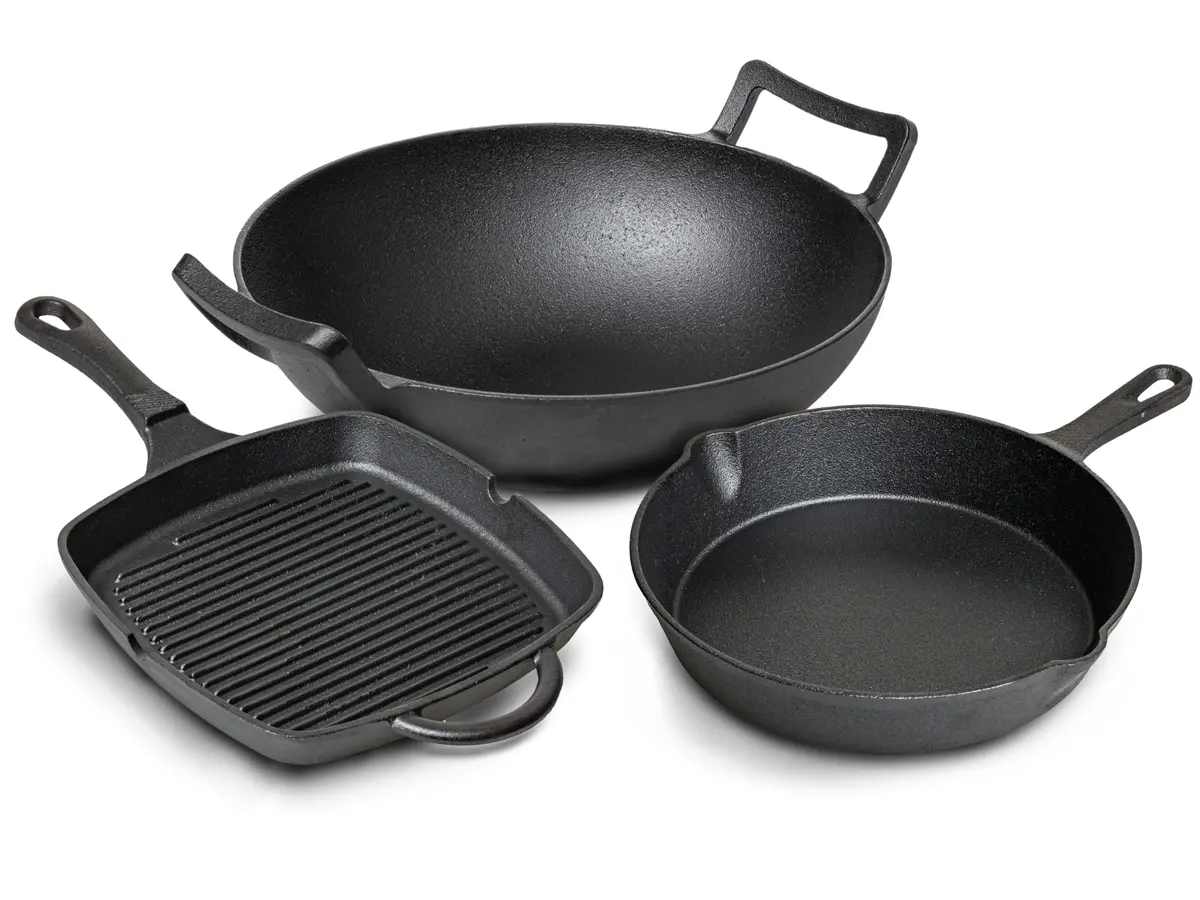 Blackwell Pannenset Gietijzer 3-Delig Grillpan 23 X 23 Cm, Koekenpan Ø 25 Cm & Wok Ø 32 Cm - Geschikt Voor Alle Warmtebronnen - Zonder Anti-Aanbaklaag 1