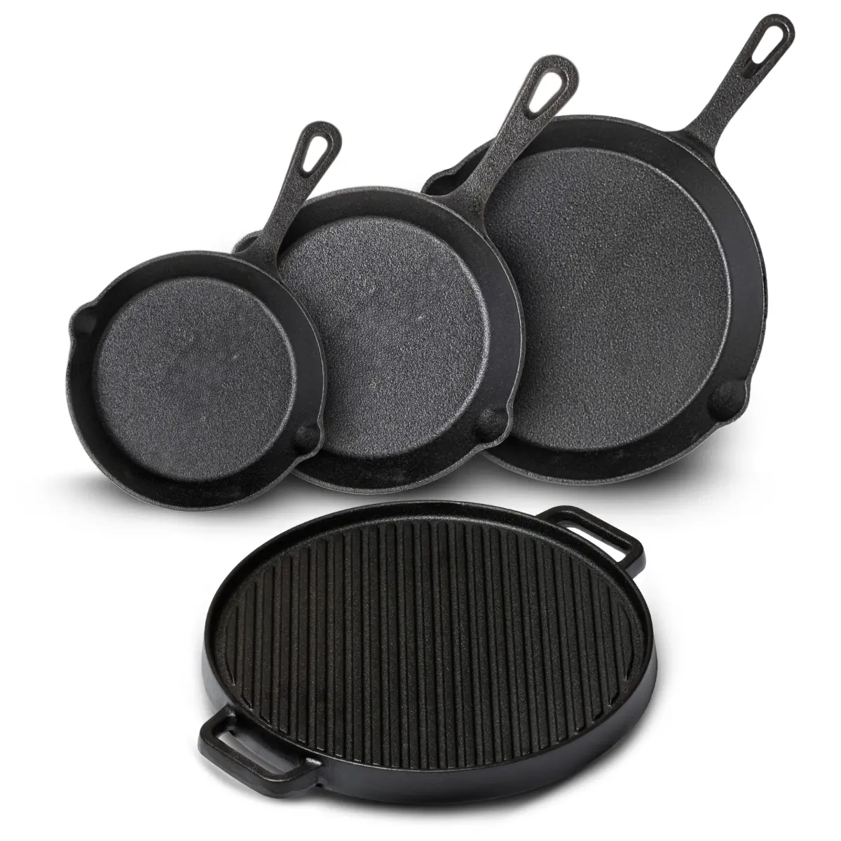Blackwell Pannenset Gietijzer 4-Delig Koekenpan 16, 20 & 25 Cm & Grillplaat Ø 30 Cm - Geschikt Voor Alle Warmtebronnen - Zonder Anti-Aanbaklaag 1