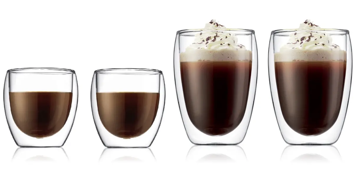 Bodum Dubbelwandige Espressoglazen & Koffieglazen Set Pavina - Gepatenteerd Ventiel - 2X 80 Ml & 2X 350 Ml - 4 Stuks 1