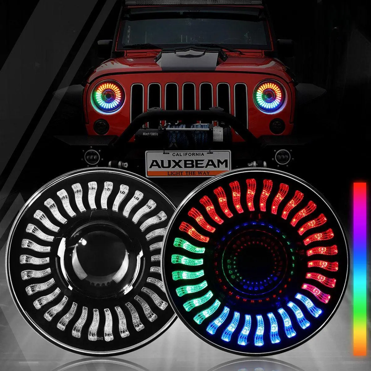 (2Pcs/Set) 7 Inch 80W Hi-Lo Beam Led Headlight With Rgb Flowing Halo Ring App Control For Jeep Wrangler Jk, Tj, Lj, Cj 1