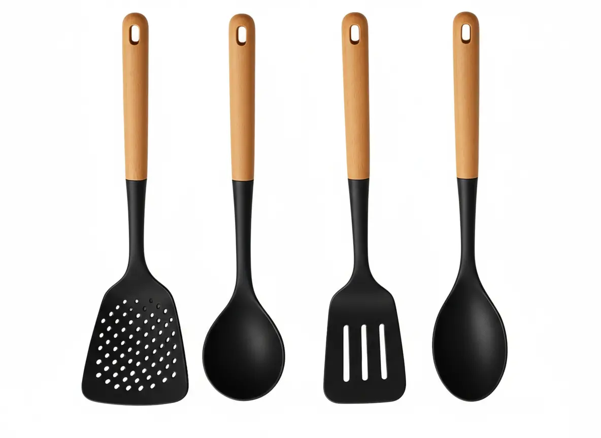 Cookinglife Keukengerei Set - Kookgerei Set - Hout Zwart 4 Delig - Schuimspaan, Soeplepel, Bakspaan & Opscheplepel 1